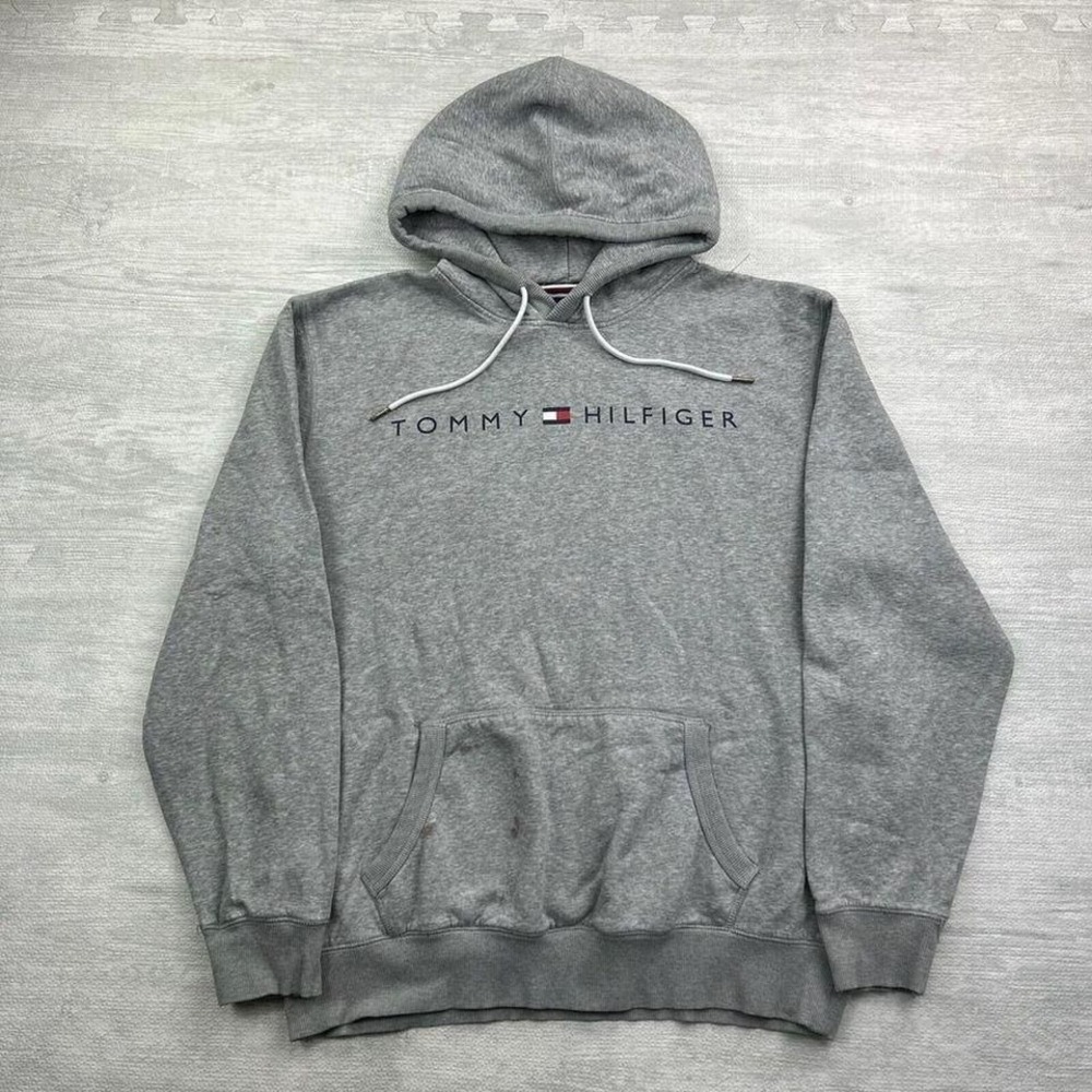 Vintage Y2K Tommy Hilfiger Sweatshirt Mens XL Gray Hoodie Pullover Logo Spellout
